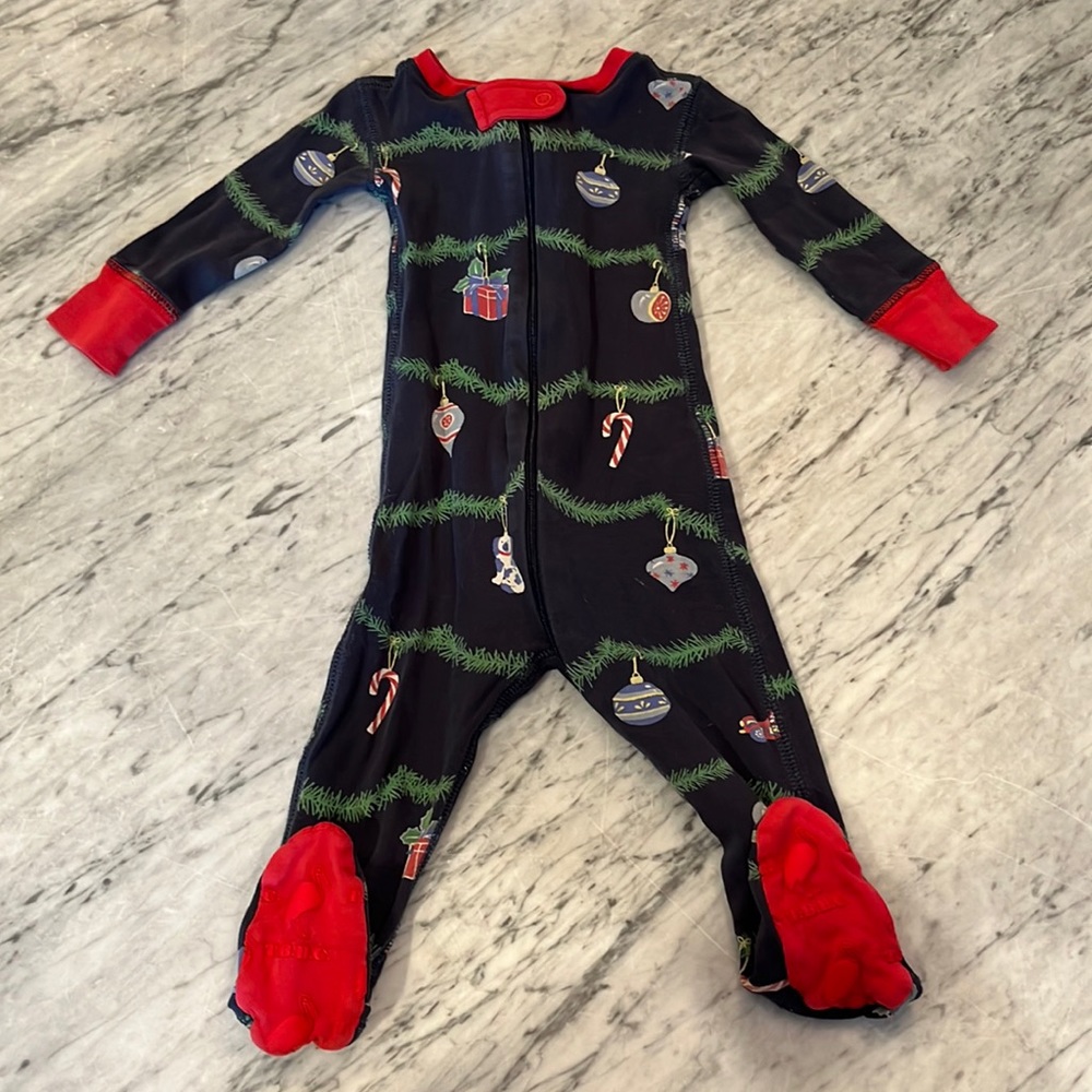 The Beaufort Bonnet Company Christmas Onesie, Navy with ornaments, size 3-6M